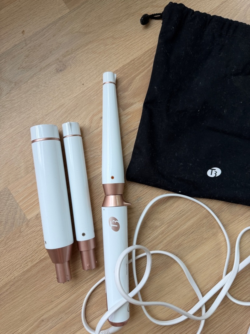 T3 White and Rose Gold Interchangeable Curling Wand Set